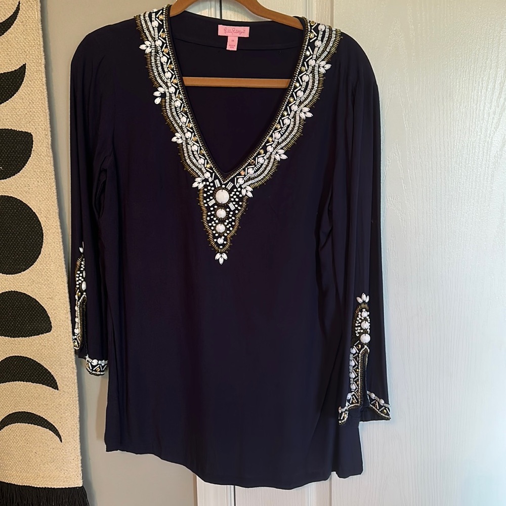 lilly pulitzer navy blue beaded blouse